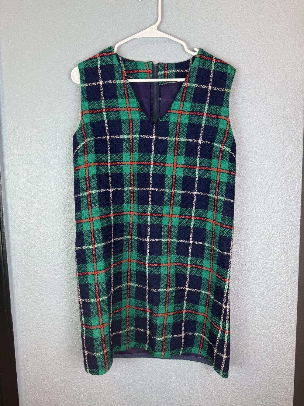 Vintage Plaid Dress Womens Medium Green Blue Sleeveless Mod Style Lined 60s 70s